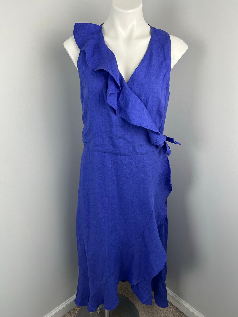 Sara Campbell Sleeveless Ruffled 100% Linen Wrap Dress in Blue Size 10